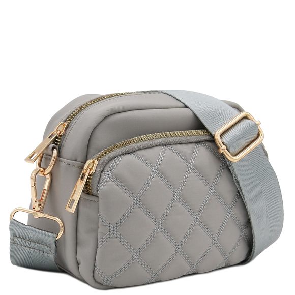 Quilted Nylon Crossbody Bag With Wide Strap Grey ^_^ - Picture 1 of 7